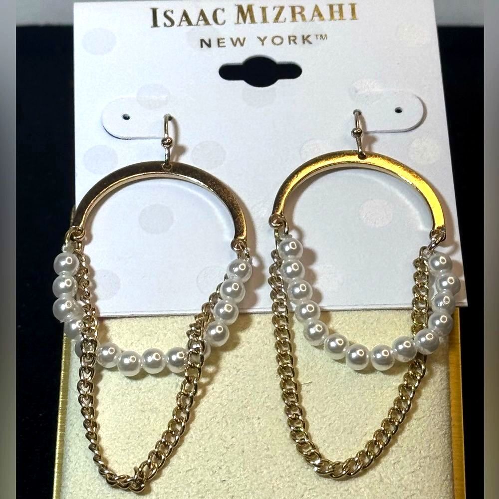NWT Isaac Mizrahi Gold Tone Faux Pearl Multi Chain Statement Drop Earrings 2.75"